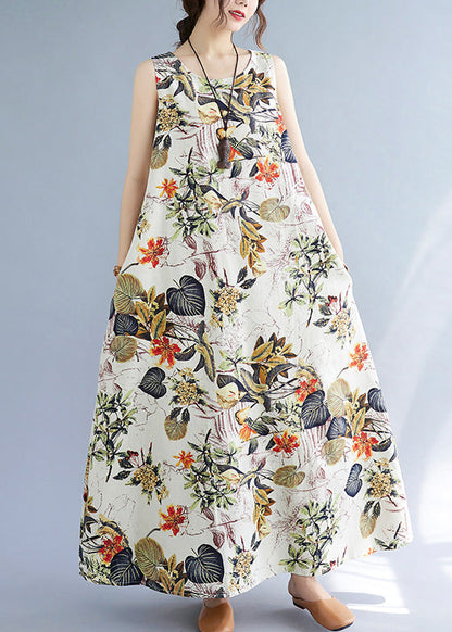 Orange Leaves Print O-neck Short Sleeve Bohemia Pleated Maxi Dress Lc0047