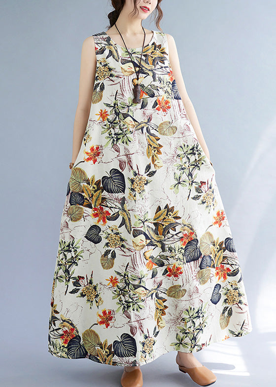 Orange Leaves Print O-neck Short Sleeve Bohemia Pleated Maxi Dress Lc0047