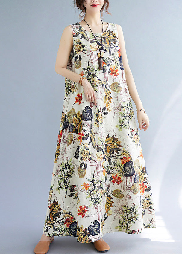 Orange Leaves Print O-neck Short Sleeve Bohemia Pleated Maxi Dress Lc0047