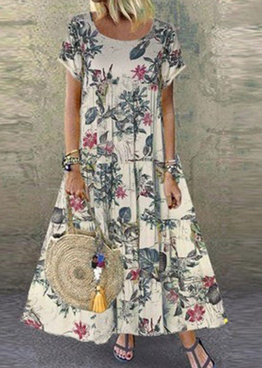 Orange O-neck Print Patchwork Maxi Dress Short Sleeve Lc0004
