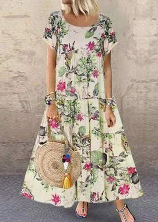 Orange O-neck Print Patchwork Maxi Dress Short Sleeve Lc0004