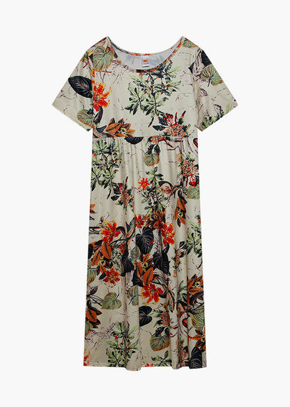 Orange O-neck Print Patchwork Maxi Dress Short Sleeve Lc0004