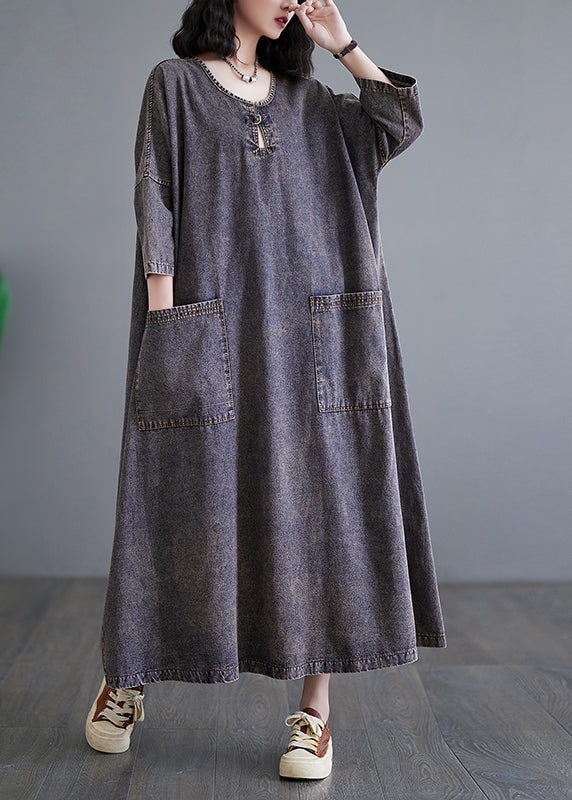 Patchwork Pockets Holiday Denim Long Dress Bracelet Sleeve Gh1054