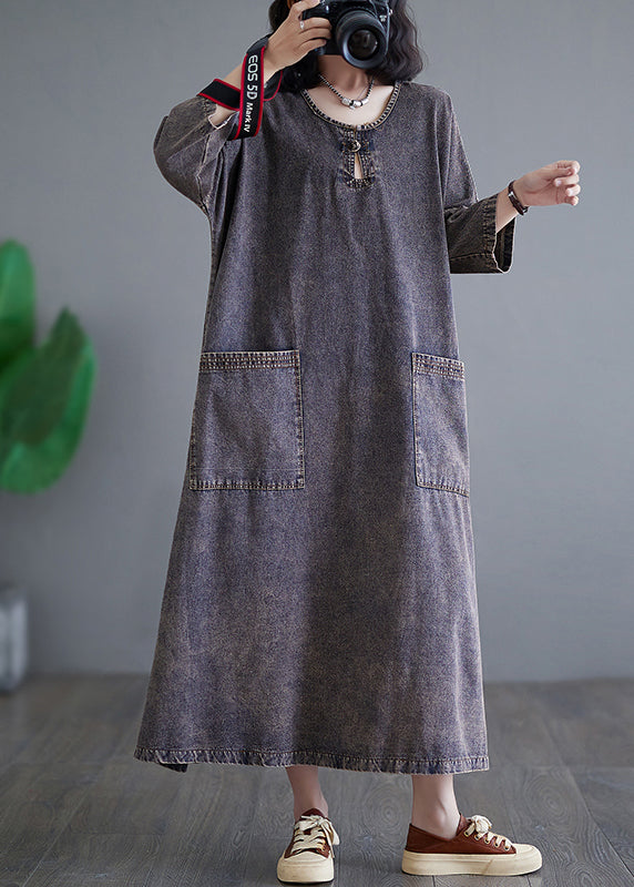 Patchwork Pockets Holiday Denim Long Dress Bracelet Sleeve Gh1054