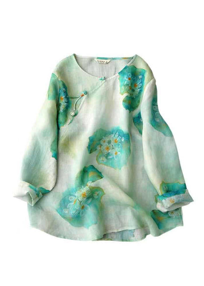 Pink O Neck Print Chinese Button Linen Blouse Top Fall Qk004