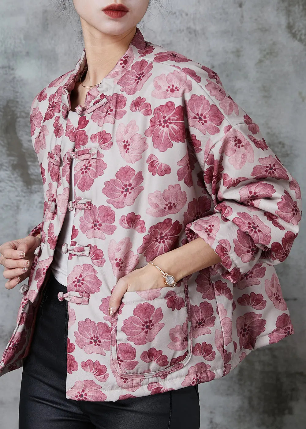 Pink Print Fine Cotton Filled Oriental Coats Spring Jk1048