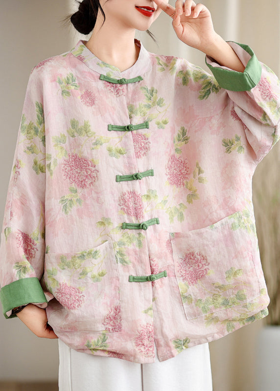 Pink Print Pockets Chinese Button Linen Blouse Top Spring Tj034