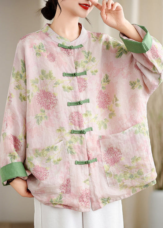 Pink Print Pockets Chinese Button Linen Blouse Top Spring Tj034