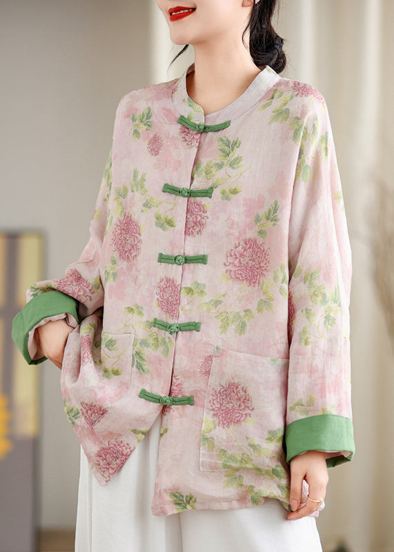 Pink Print Pockets Chinese Button Linen Blouse Top Spring Tj034