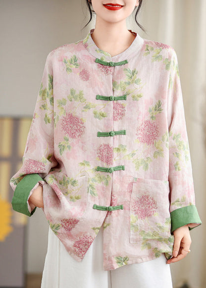 Pink Print Pockets Chinese Button Linen Blouse Top Spring Tj034