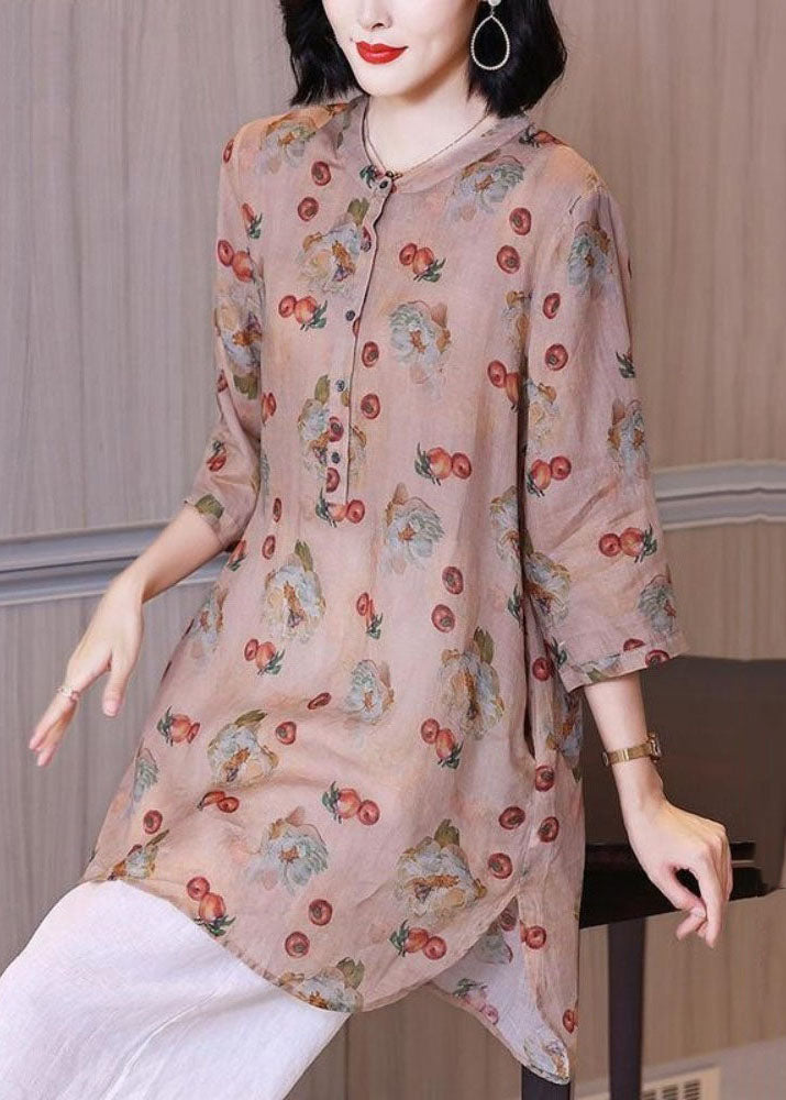 Pink Print Pockets Patchwork Linen Blouse Top Summer Tp1017