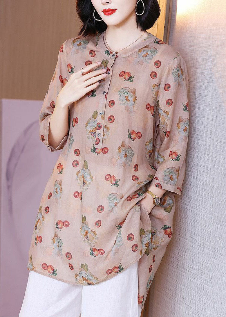 Pink Print Pockets Patchwork Linen Blouse Top Summer Tp1017