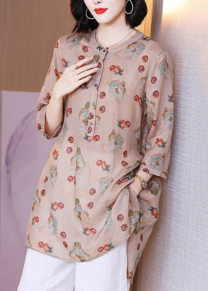 Pink Print Pockets Patchwork Linen Blouse Top Summer Tp1017