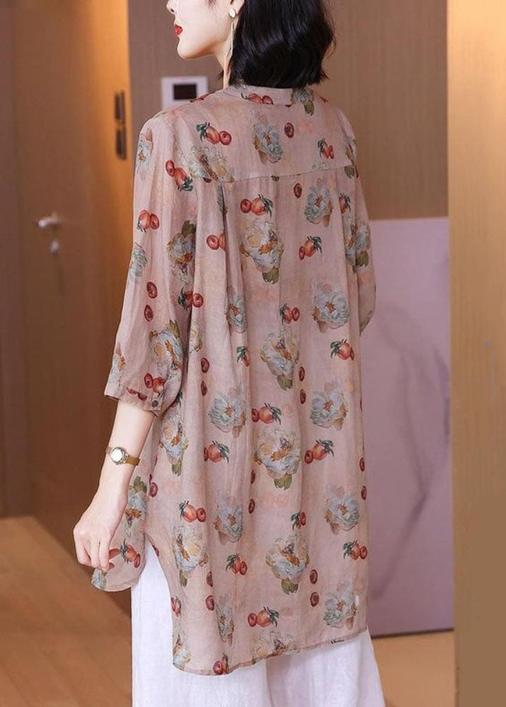 Pink Print Pockets Patchwork Linen Blouse Top Summer Tp1017