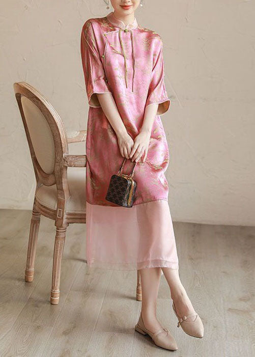 Pink Stand Collar Tasseled Print Patchwork Silk Long Dress Summer Ti1018