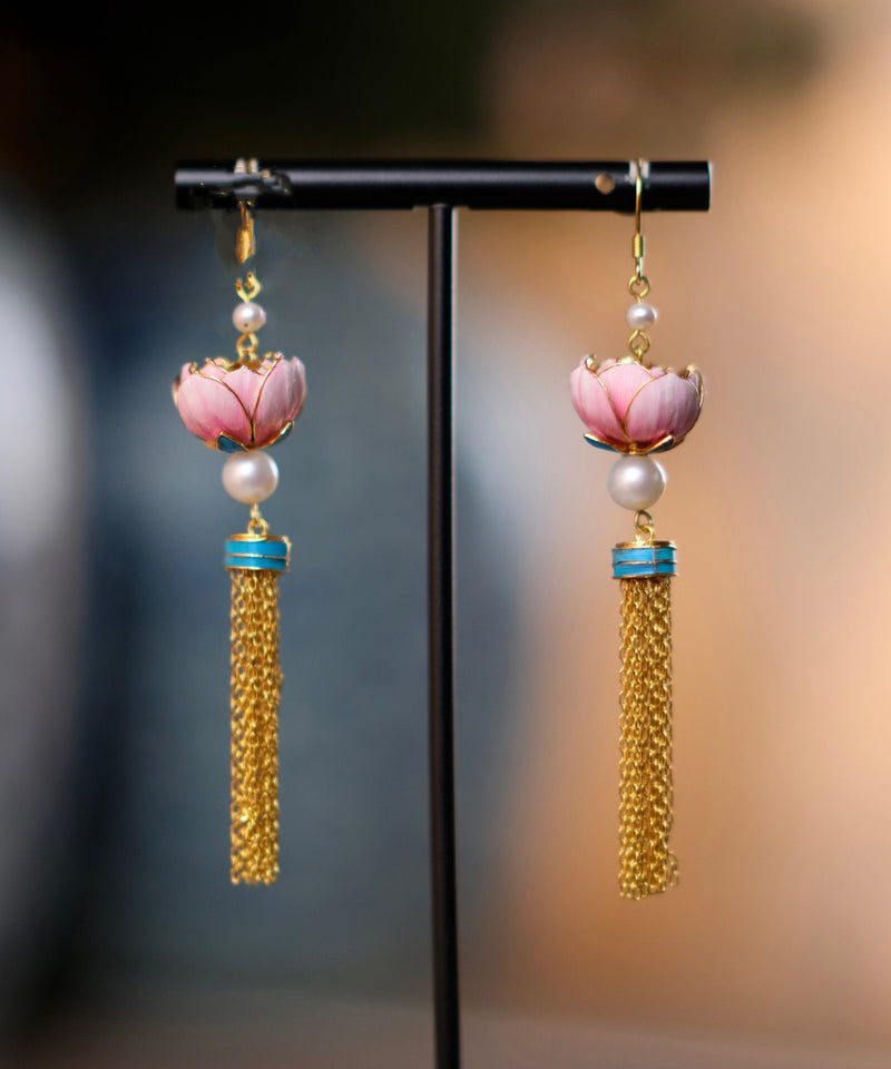 Pink Sterling Silver Overgild Feathers Inlaid Lotus Drop Earrings