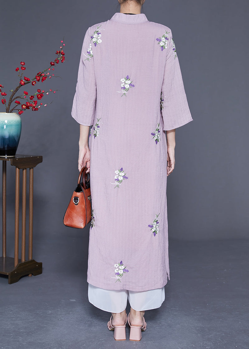 Purple Embroideried Chinese Button Linen Long Dresses Bracelet Sleeve Ly1845