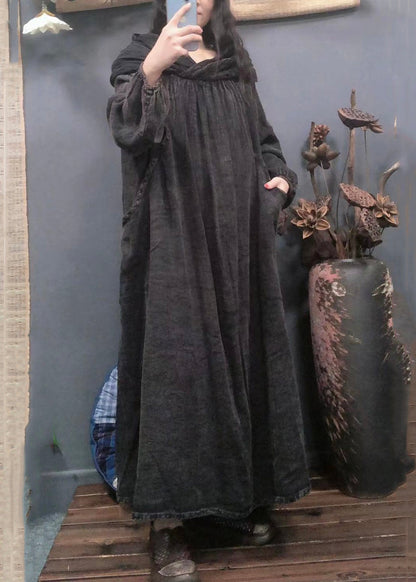 Purple Hooded Pockets Linen Long Dress Spring Aa1045
