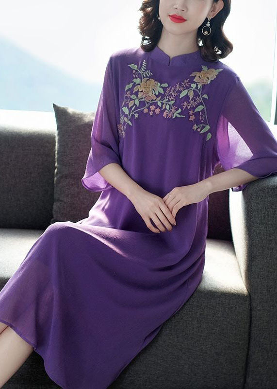 Purple Mandarin Collar Embroideried Silk Long Dress Summer Fr2017