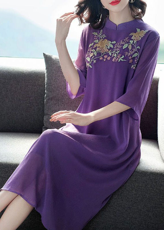 Purple Mandarin Collar Embroideried Silk Long Dress Summer Fr2017
