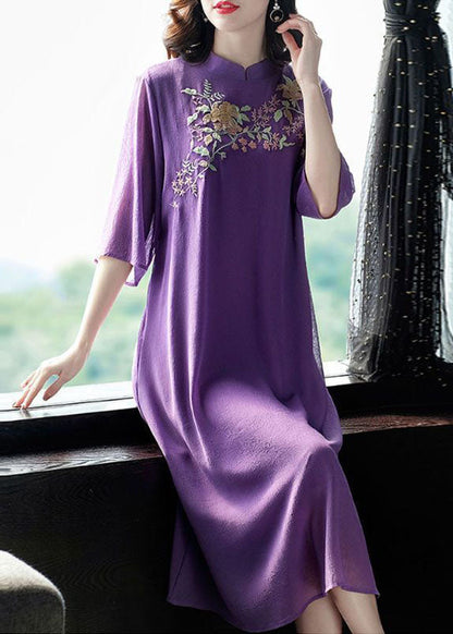 Purple Mandarin Collar Embroideried Silk Long Dress Summer Fr2017