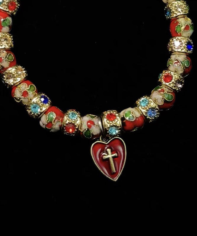 Red Acrylic Stringing Beads Zircon Alloy Charm Bracelet