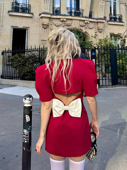 Red Button Mini Dress With V Neck - A-line Christmas Party Dress