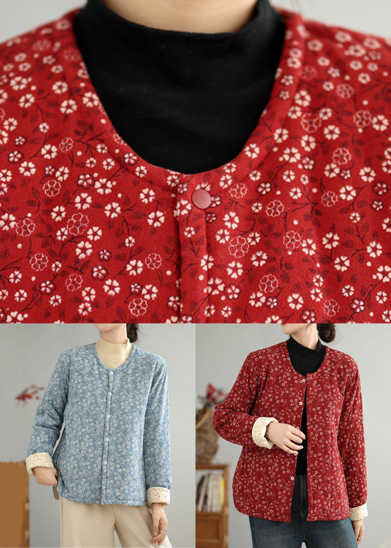Red O Neck Button Print Thick Coats Winter Qg040