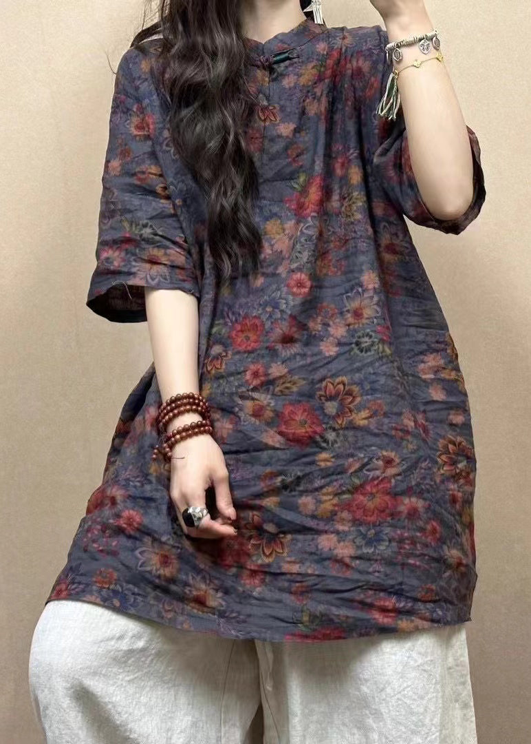 Red Stand Collar Button Print Linen Blouses Half Sleeve Gg013