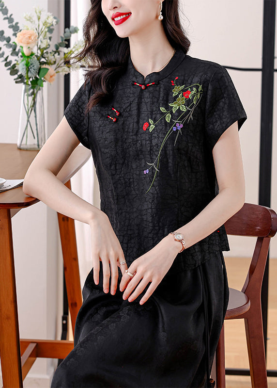 Red Stand Collar Embroidered Silk Blouses Summer Bb026