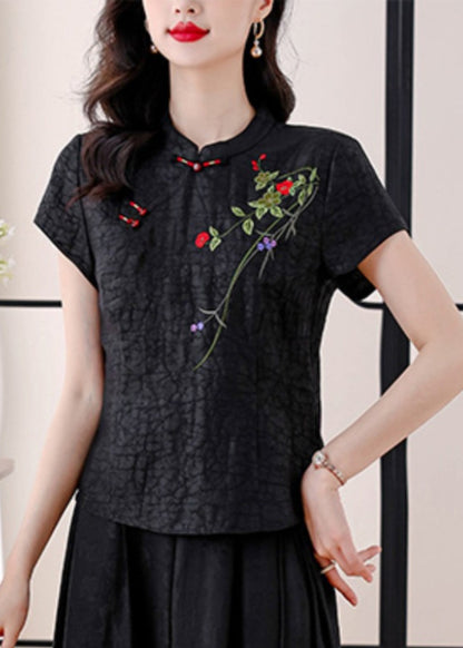 Red Stand Collar Embroidered Silk Blouses Summer Bb026