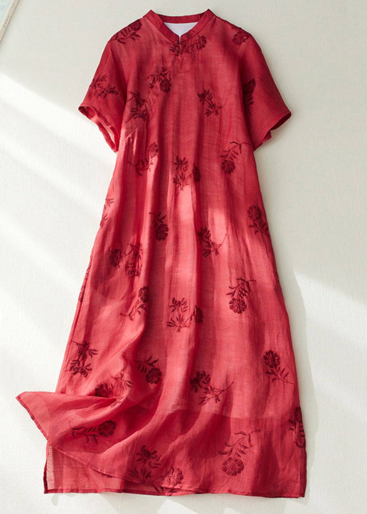 Red Stand Collar Side Open Layered Maxi Dress Short Sleeve Vv089