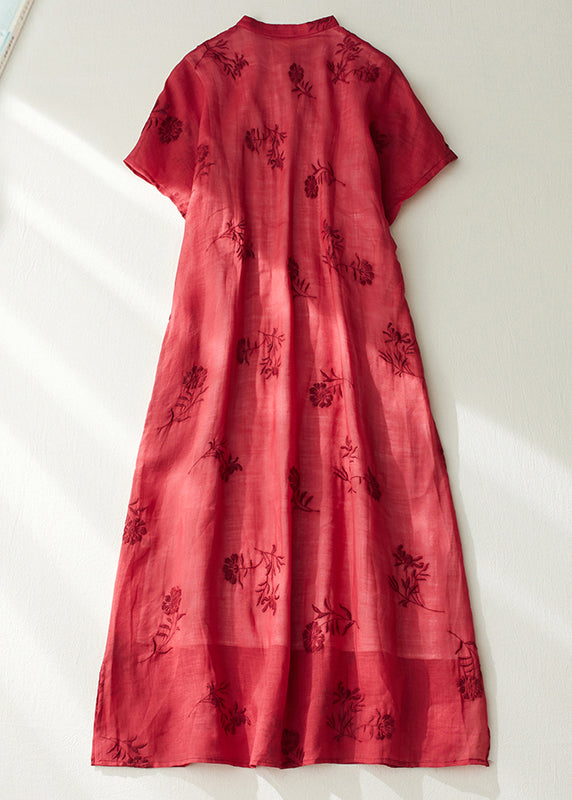Red Stand Collar Side Open Layered Maxi Dress Short Sleeve Vv089