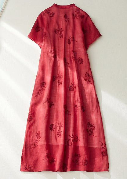 Red Stand Collar Side Open Layered Maxi Dress Short Sleeve Vv089