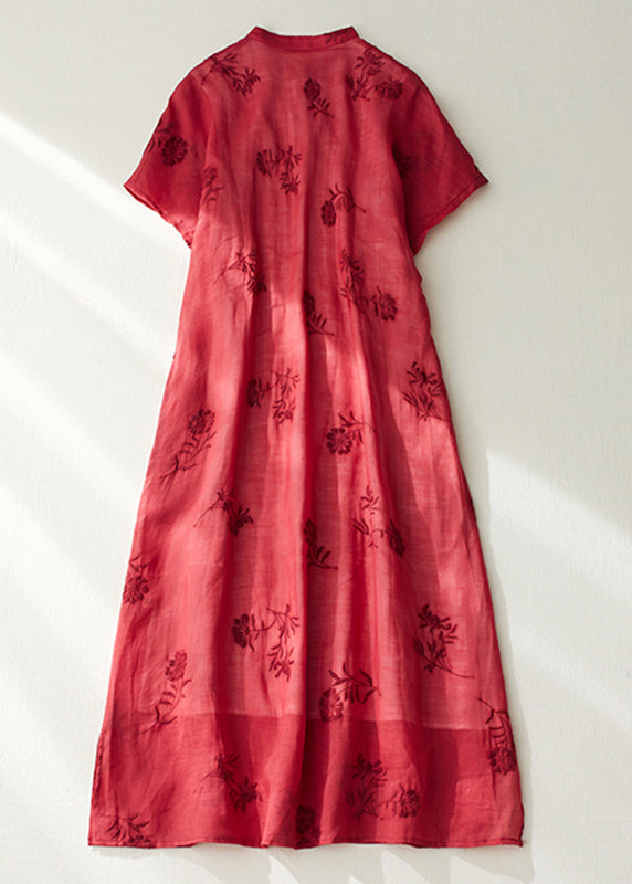 Red Stand Collar Side Open Layered Maxi Dress Short Sleeve Vv089