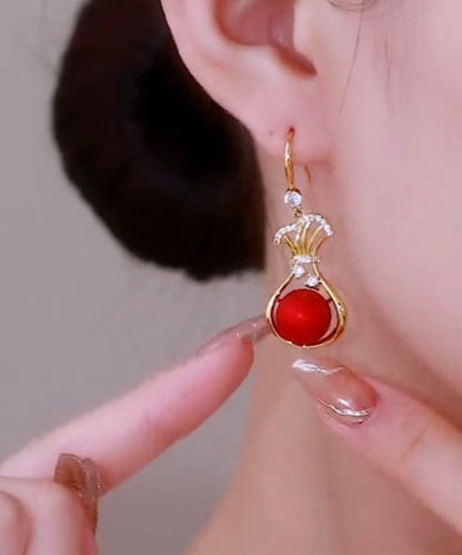 Red Stering Silver Overgild Zircon Pearl Money Bag Drop Earrings