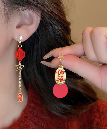 Red Sterling Silver Alloy Asymmetric Star Lantern Tassel Drop Earrings