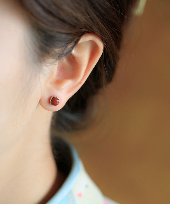 Red Sterling Silver Inlaid Agate Stud Earrings Tw1034