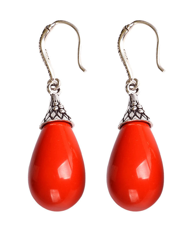 Red Sterling Silver Inlaid Gem Stone Water Drop Drop Earrings