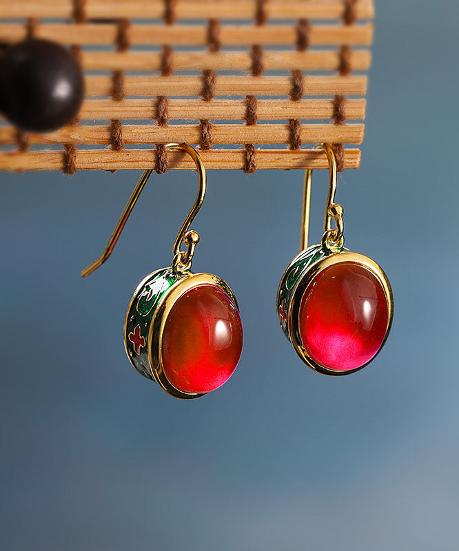 Red Sterling Silver Overgild Enamel Gem Stone Drop Earrings