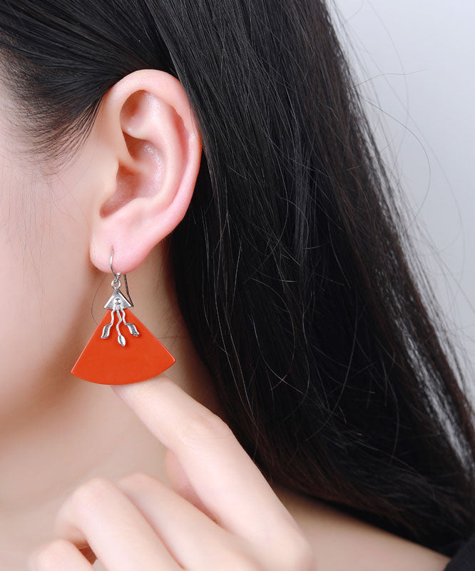 Red Sterling Silver Triangular Cinnabar Drop Earrings