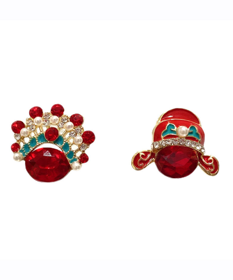 Red Zircon Crystal Pearl Asymmetric Design Peking Opera Mask Stud Earrings