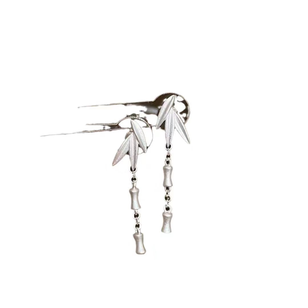 Silk Sterling Silver Bamboo Leaves Wind Chime Drop Earrings