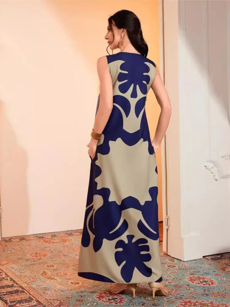 Simple Print Long Dresses Loose V-neck Style Sleeveless Dress Female Summer New Vestidos