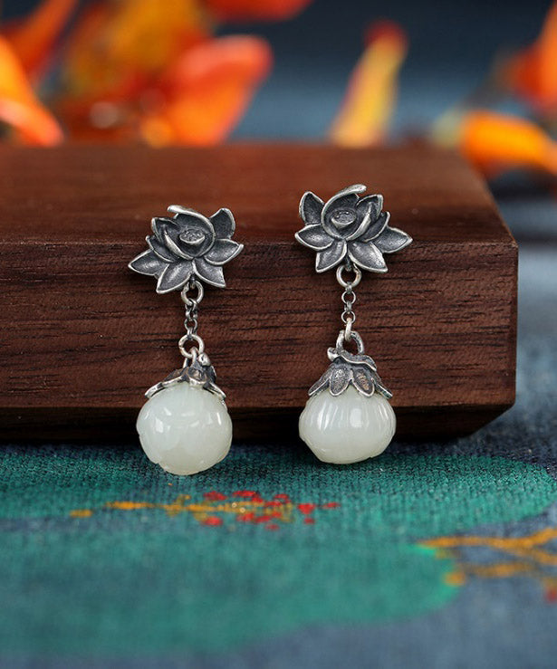 Sterling Silver Inlaid Pearl Lotus Drop Earrings