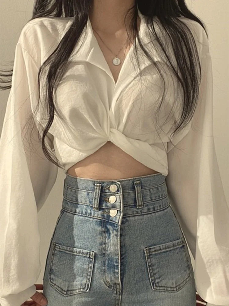 Harajuku Blouse Crop Top Korean Style Trends Black White Long Sleeve Shirt Female Tunic