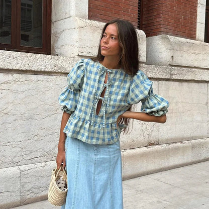 Lace-up Tie-up Puff Sleeve Midi Blouse