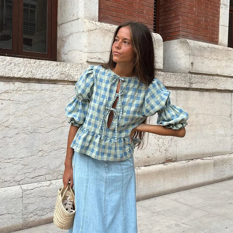 Lace-up Tie-up Puff Sleeve Midi Blouse