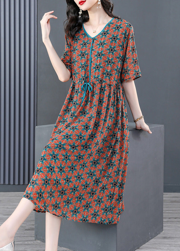V Neck Print Wrinkled Tie Waist Long Dresses Summer Ly1737