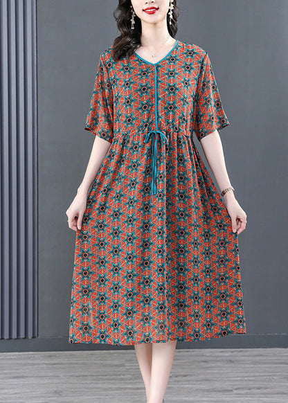 V Neck Print Wrinkled Tie Waist Long Dresses Summer Ly1737